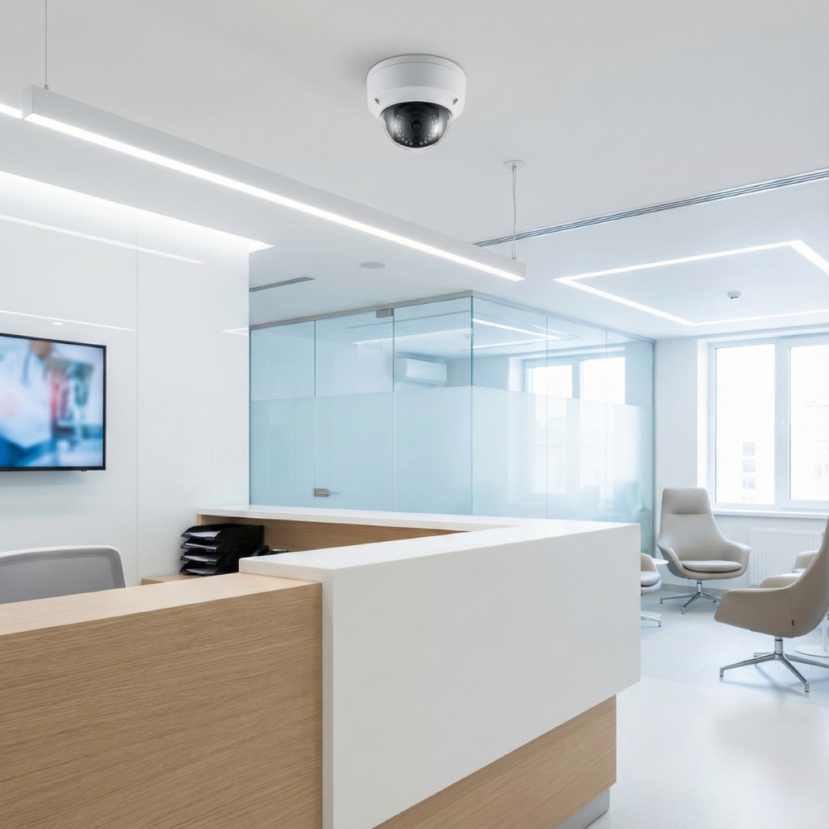 Cámara domo IP discreta instalada en la recepción de una clínica