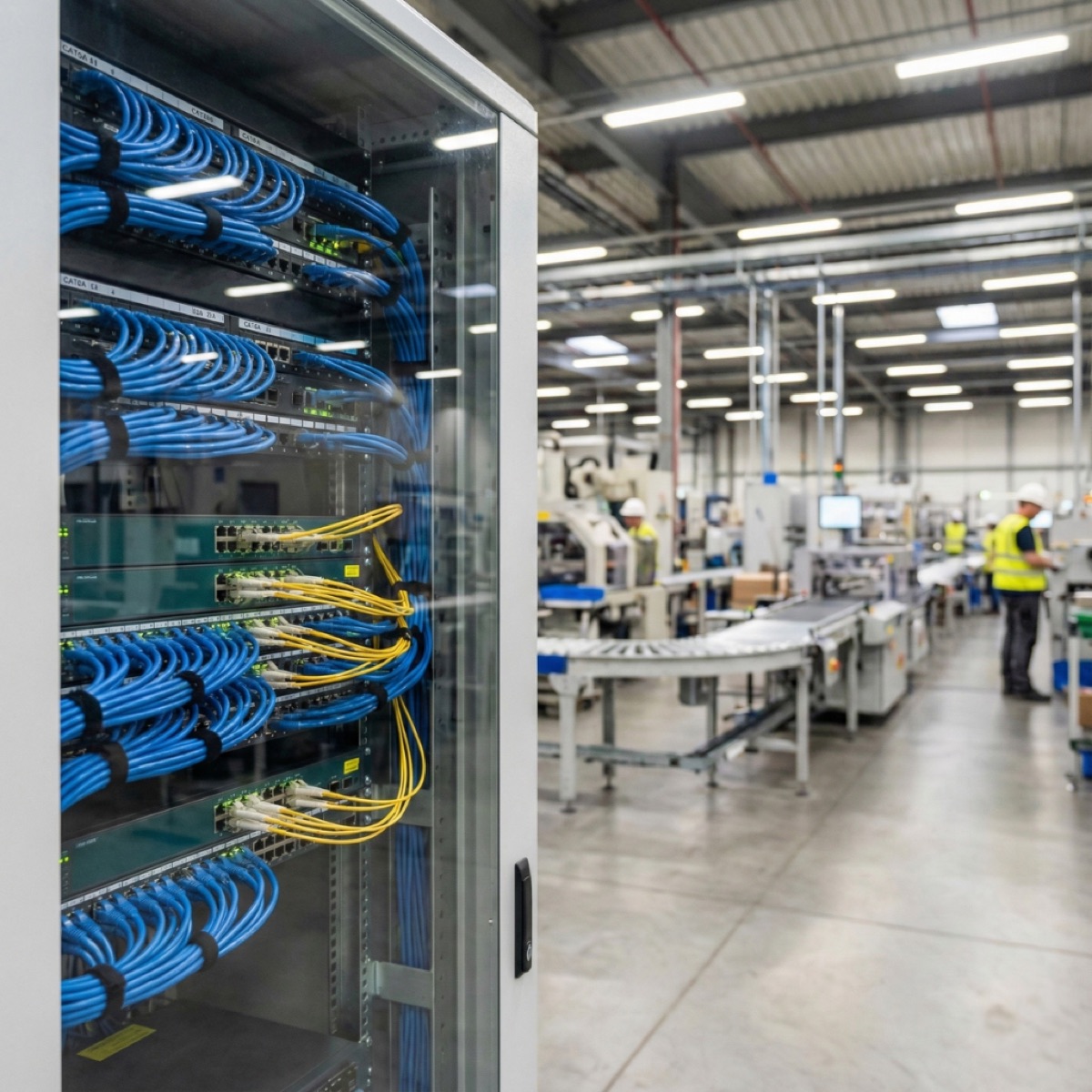 Rack abierto con cableado Cat6A y jumpers de fibra dentro de una nave de manufactura