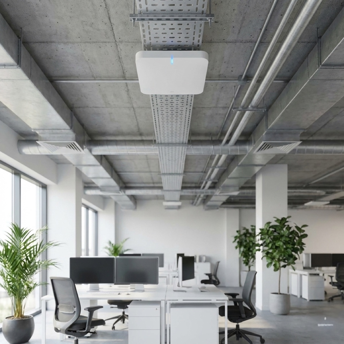 Punto de acceso Wi-Fi 6 montado sobre losa expuesta en oficina corporativa